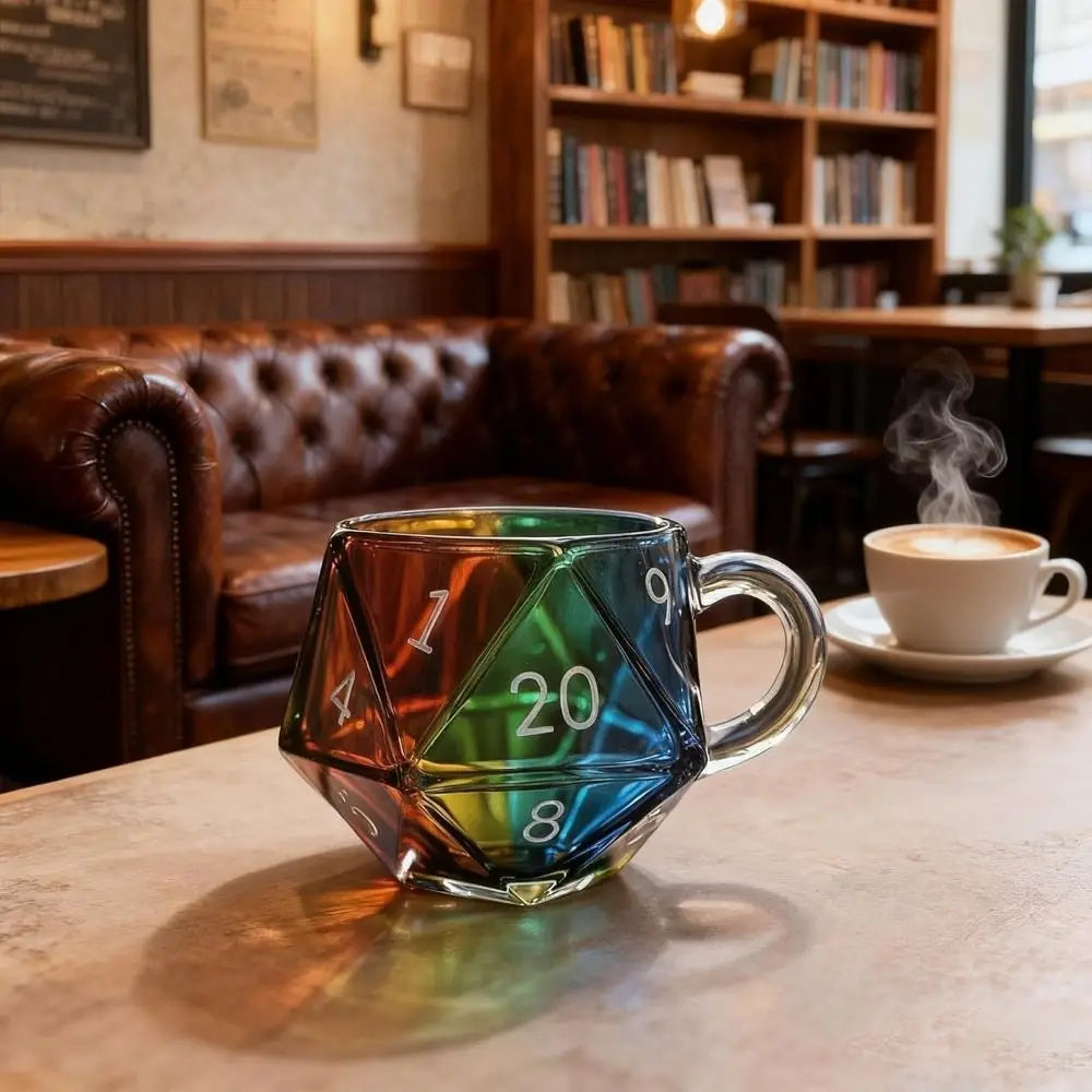 Transparent Glass Rainbow D20 Dice Mug with Handle Fantasy Themed Polyhedral Dice Coffee Cup Game Mug for RPG Lovers
