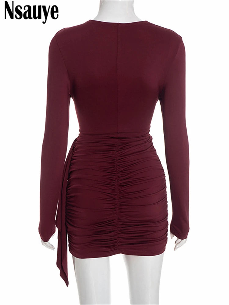 Nsauye New Fashion Women Short Wrap High Waisted Mini Winter Dress 2025 Outfits Sexy Night Club Party Evening Long Sleeve Dress