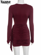 Nsauye New Fashion Women Short Wrap High Waisted Mini Winter Dress 2025 Outfits Sexy Night Club Party Evening Long Sleeve Dress