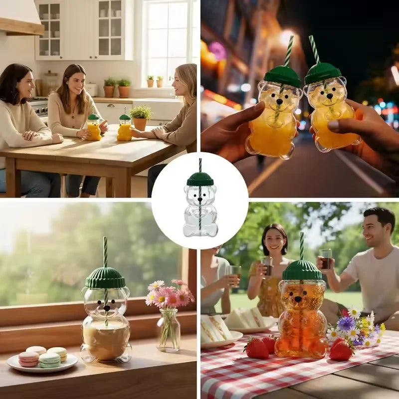 New 500ML Cartoon Bear shaped Coffee Cup Cute Bear Cup Straw Transparent Creative Milk Coffee Water Cup