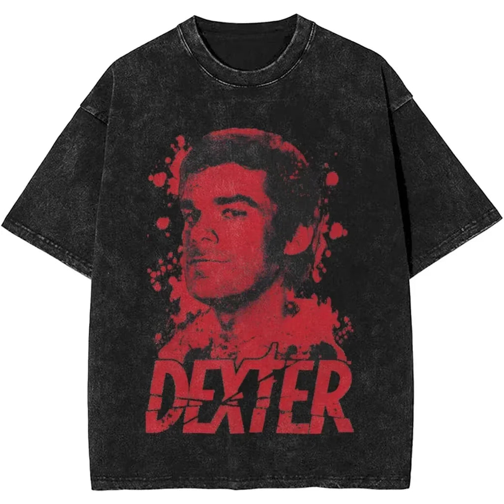 New Dexter Morgan Edition Middle Finger Retro Trendy Vintage Washed T-Shirt Summer Y2K Tops Cotton Men Women Tees Short Sleeve
