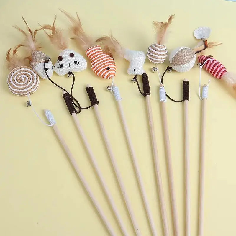 Cat Toy Cat Teaser Stick Handmade Cotton And Linen Woven Wooden Pole Cat Teaser Stick Cute Simulation Mouse Cat Interactive Toy