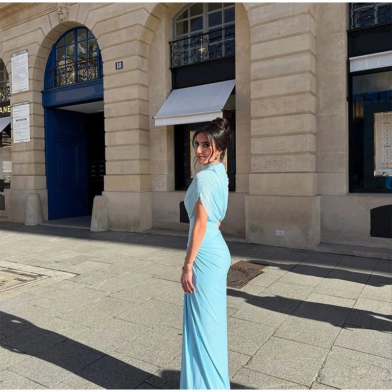 Irregular Shawl Blue Maxi Dress Women's Fashion Turtleneck Slim Fit Pleated Vestidos 2025 New Lady Evening Party Robes Summer