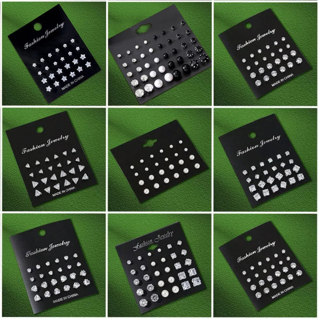 12 Pairs Set Stainless Steel Stud Earrings with Gemstone Buds Round Earrings Unisex Fashion Jewelry Gifts