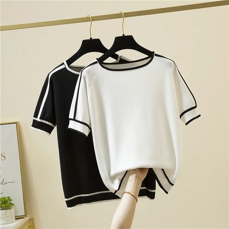 Camisetas Thin Knitted T Shirt Women Short Sleeve Summer Tops Casual Clothes Striped Fashion T-Shirt Tee Shirt Blusas 18841