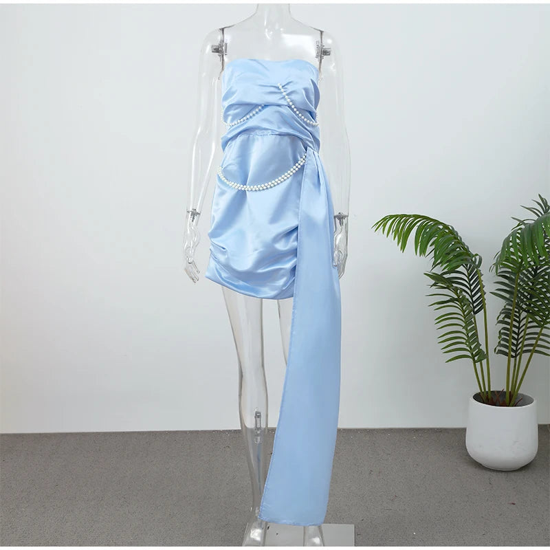 Irregular Shawl Blue Maxi Dress Women's Fashion Turtleneck Slim Fit Pleated Vestidos 2025 New Lady Evening Party Robes Summer