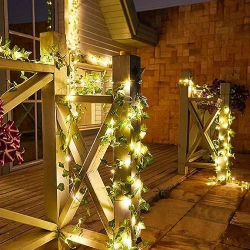 50/100LED Green Fairy Lights with Solar-Powered Artificial Ivy Leaves Featuring 8 Modes for Garden Wedding Christmas Decoration