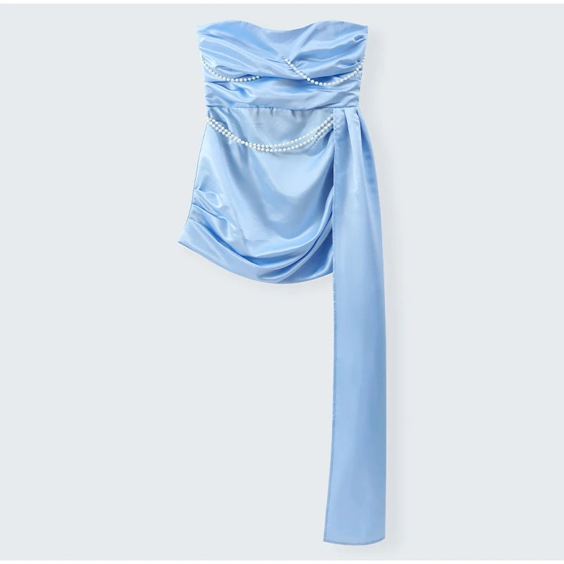 Irregular Shawl Blue Maxi Dress Women's Fashion Turtleneck Slim Fit Pleated Vestidos 2025 New Lady Evening Party Robes Summer