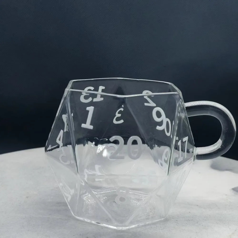 Transparent Glass Rainbow D20 Dice Mug with Handle Fantasy Themed Polyhedral Dice Coffee Cup Game Mug for RPG Lovers