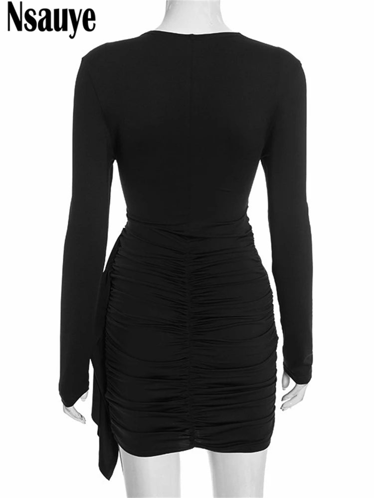 Nsauye New Fashion Women Short Wrap High Waisted Mini Winter Dress 2025 Outfits Sexy Night Club Party Evening Long Sleeve Dress