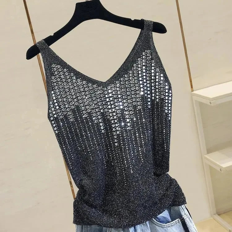 Rhinestones Tank Top Elegant Sleeveless Shiny Loose Knit Camis Corset Summer Women's Tube Top Aesthetic Clothing Korean