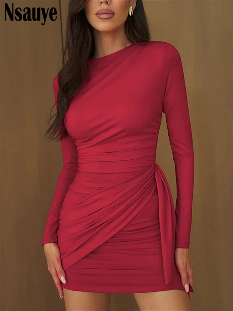 Nsauye New Fashion Women Short Wrap High Waisted Mini Winter Dress 2025 Outfits Sexy Night Club Party Evening Long Sleeve Dress